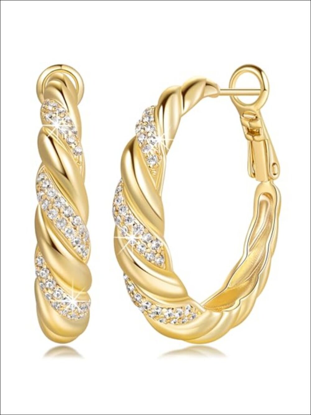 14K Gold Plated Spiral Hoop Earrings Cubic Zirconia Pave